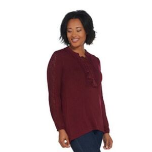 New Denim & Co Lace-Up V-Neck Long Sleeve Top | Size M